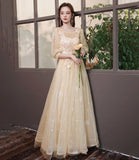 Champagne tulle lace long prom gown evening gown HZ1023