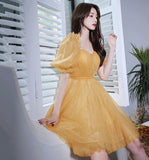Yellow tulle short prom dress party dress HZ1023