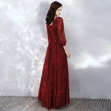 Burgundy lace long sleeve prom dress evening dress HZ1023