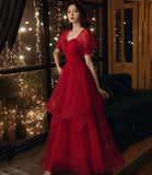 Burgundy tulle long prom dress evening gown HZ1023