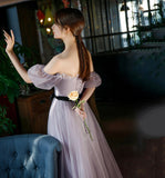 Purple tulle long A line prom gown evening gown HZ1023
