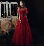 Burgundy tulle sequins long ball gown dress evening gown HZ1023