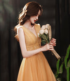 Yellow v neck tulle short prom dress homecoming dress HZ1023