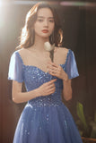 Cute tulle beads long A line prom dress evening dress HZ1023