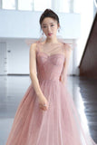 Pink A line prom dress pink tulle evening dress HZ1023