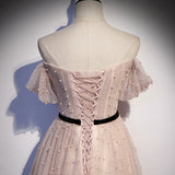 Lovely A line tulle pearl long prom dress evening dress HZ1023