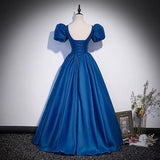 Blue saitn long prom dress A line evening gown HZ1023