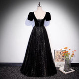 Black velvet tulle long prom dress A line evening gown HZ1023