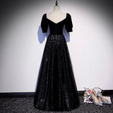 Black tulle long prom dress A line evening gown HZ1023