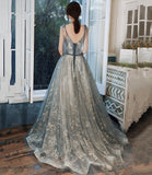 Gray tulle sequins long prom dress evening gown HZ1023