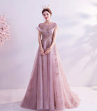 Pink tulle sequins long A line prom dress evening dress HZ1023