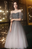 Gray tulle short A line prom dress homecoming dress HZ1023