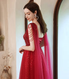 Red tulle beads long A line prom dress evening dress HZ1023