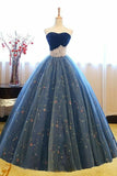 Blue shiny sweet cute charming exquisite floral tulle A-line long prom dress evening dress 16-year-old adult ceremony dress HZ1023