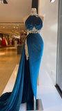 Blue sexy elegant fashion exquisite lace beading long velvet slit floor-length ball gown evening dress HZ1023