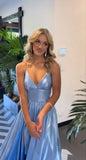 Blue sexy A-line spaghetti straps backless slit long elegant ball gown evening dress HZ1023