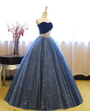 Blue shiny sweet cute charming exquisite floral tulle A-line long prom dress evening dress 16-year-old adult ceremony dress HZ1023