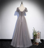 Shiny tulle beads long prom dress A line evening gown HZ1023