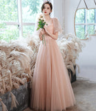 Pink tulle long A line prom dress pink evening gown HZ1023