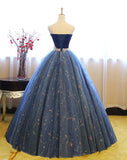 Blue shiny sweet cute charming exquisite floral tulle A-line long prom dress evening dress 16-year-old adult ceremony dress HZ1023