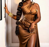 Brown fashion elegant sexy one shoulder long beaded slit mermaid ball gown evening dress party dress with ruffles HZ1023