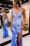 Blue printed embroidered lace V neck long slit ball gown evening dress HZ1023