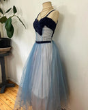 Blue cute sweet delicate beaded spaghetti straps long tulle prom dress evening dress party dress homecoming dress HZ1023