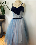 Blue cute sweet delicate beaded spaghetti straps long tulle prom dress evening dress party dress homecoming dress HZ1023