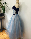 Blue cute sweet delicate beaded spaghetti straps long tulle prom dress evening dress party dress homecoming dress HZ1023