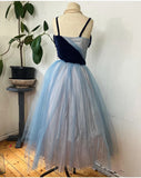 Blue cute sweet delicate beaded spaghetti straps long tulle prom dress evening dress party dress homecoming dress HZ1023