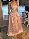 Light Pink Retro Fashion Elegant Square Neck A-Line Long Satin Princess Ball Gown Evening Dress Party Dress HZ1023