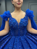 Blue gorgeous exquisite beading long elegant tulle ball gown evening dress HZ1023