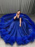 Blue gorgeous exquisite beading long elegant tulle ball gown evening dress HZ1023