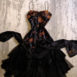 Black Delicate Embroidery Floral Applique Long Spaghetti Straps Elegant Ruffle Satin Ball Gown Evening Dress Party Dress HZ1023