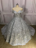 Silver Gorgeous Shiny Off-shoulder Sequin Long Princess Floor-length Ball Gown Evening Dress Wedding Dress HZ1023