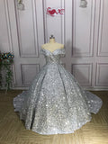 Silver Gorgeous Shiny Off-shoulder Sequin Long Princess Floor-length Ball Gown Evening Dress Wedding Dress HZ1023