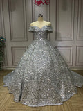 Silver Gorgeous Shiny Off-shoulder Sequin Long Princess Floor-length Ball Gown Evening Dress Wedding Dress HZ1023