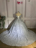 Silver Gorgeous Shiny Off-shoulder Sequin Long Princess Floor-length Ball Gown Evening Dress Wedding Dress HZ1023
