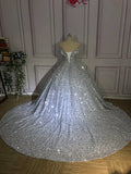 Silver Gorgeous Shiny Off-shoulder Sequin Long Princess Floor-length Ball Gown Evening Dress Wedding Dress HZ1023