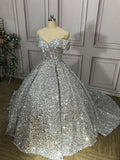 Silver Gorgeous Shiny Off-shoulder Sequin Long Princess Floor-length Ball Gown Evening Dress Wedding Dress HZ1023