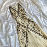 Cream color beige V neck exquisite elegant floral pattern long evening dress prom dress HZ1023