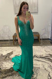 Rose Red V-neck Beading Mermaid Prom Dress with Side Slit HZ1023