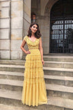 Yellow fashion unique ruffled V neck long floor length tulle ball gown evening dress HZ1023