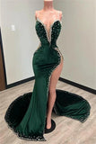 Green gorgeous shiny elegant long side slit sexy velvet mermaid floor length ball gown prom dress evening gown with train HZ1023