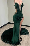 Green gorgeous shiny elegant long side slit sexy velvet mermaid floor length ball gown prom dress evening gown with train HZ1023