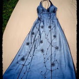 Blue Vintage Exquisite Elegant Beaded Suspender Long Satin Tulle Formal Ball Gown Evening Gown Party Dress Prom Gown HZ1023
