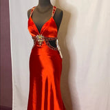 Red gorgeous shiny fashion exquisite beaded backless long elegant satin floor-length train prom dress evening dress HZ1023