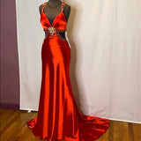 Red gorgeous shiny fashion exquisite beaded backless long elegant satin floor-length train prom dress evening dress HZ1023