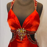 Red gorgeous shiny fashion exquisite beaded backless long elegant satin floor-length train prom dress evening dress HZ1023