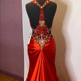 Red gorgeous shiny fashion exquisite beaded backless long elegant satin floor-length train prom dress evening dress HZ1023